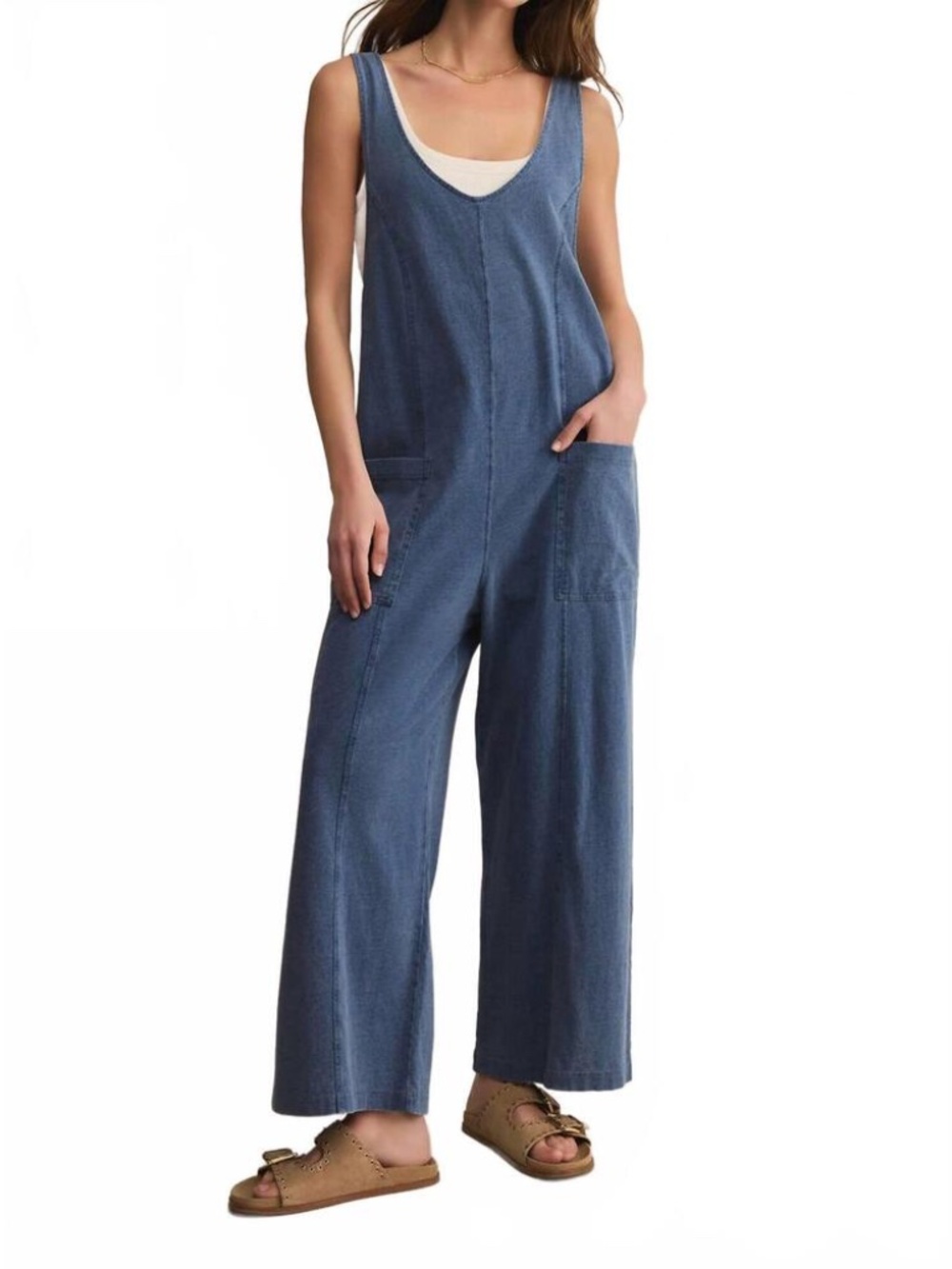 Z Supply Brasilia Jersey Denim Jumpsuit in Medium Denim NWOT